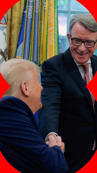 President Donald Trump shakes hands with Peter Mandelson, British Ambassador to the United States