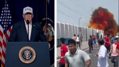 A composite image showing a picture Donald Trump next to a picture of people running from an explosion