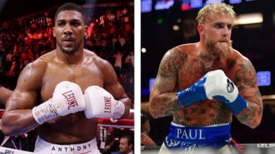 Splitscreen image of Anthony Joshua and Jake Paul during different previous boxing matches