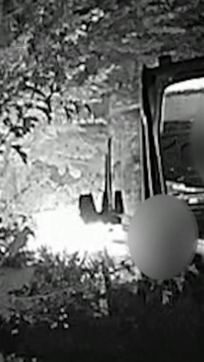 A black and white cctv image. There is a blue over a persons face. To the right of the person is a truck. There are trees with leaves around.