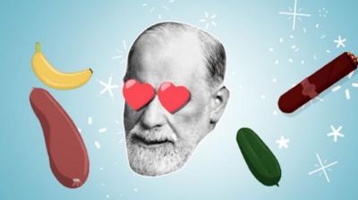 Illustration of a bearded man's face with heart symbols over his eyes surrounded by a banana, an aubergine a cigar and a courgette