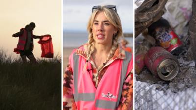 A litter pick on the beach and some cans and other rubbish burning.