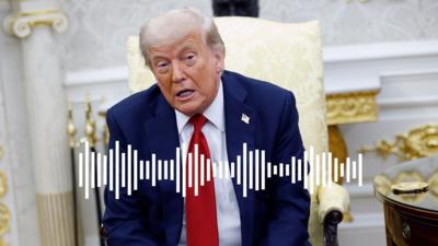 Donald Trump seated on a yellow chair with a white waveform graphic across his body