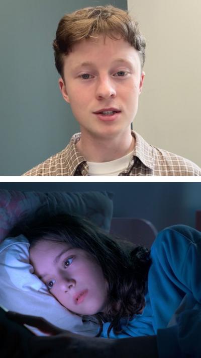 A composite image with Jamie McColgan wearing a white tshirt and brown checked shirt in front of a wall. Below him is  a young girl looking illuminated by the light of a mobile phone whilst lying in bed. 