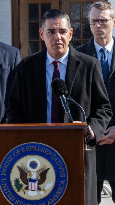 House Oversight Committee Minority Leader Robert Garcia speaks to the press