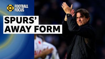 Thomas Frank applauds the Spurs fan in a black jacket next to a caption saying, Spurs' away form.