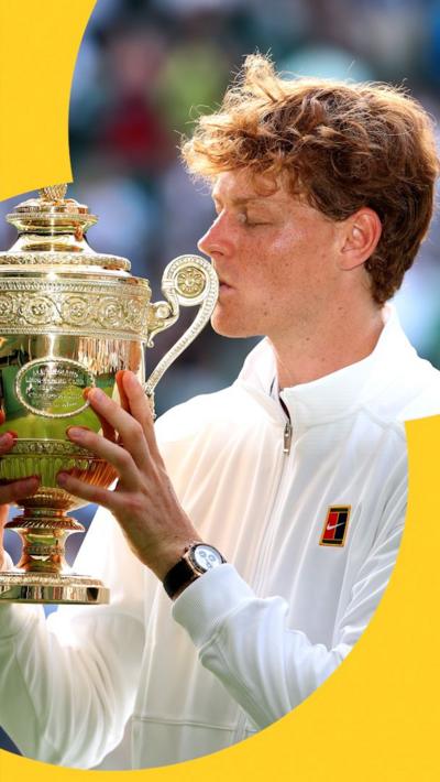 Jannik Sinner kisses the Wimbledon trophy