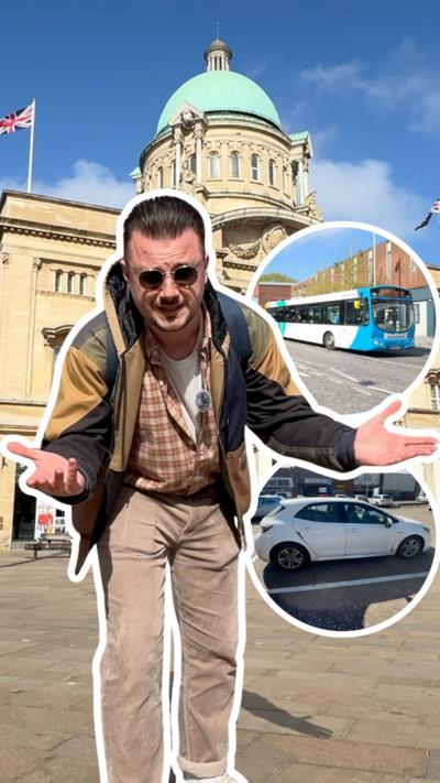 Man infront of building with inset pictures of car and bus.