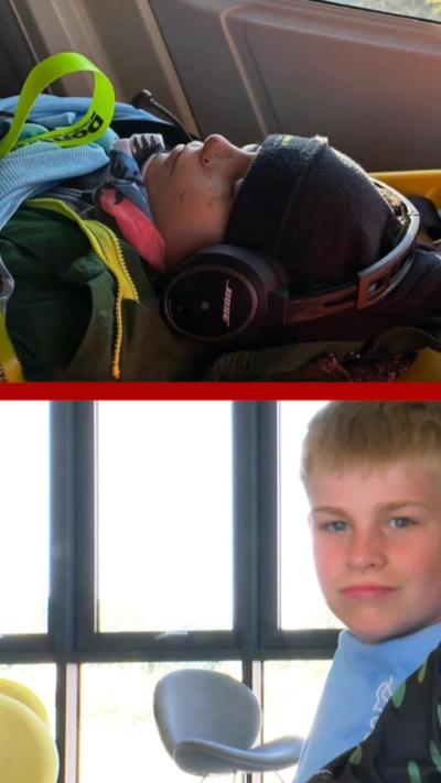 A split frame showing in the top half a young boy inside an air ambulance and below is him after the accident looking okay.
