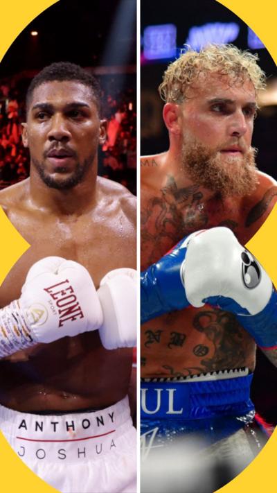 Split screen: Anthony Joshua and Jake Paul, each in the ring with gloves and branded shorts.
