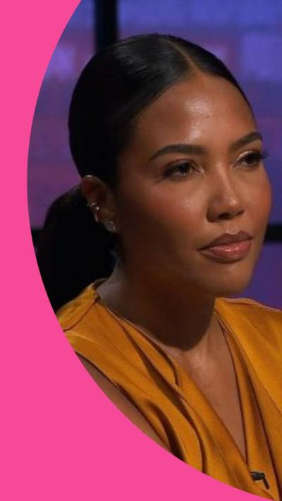 Guest Dragon Emma Grede on Dragon's Den looking at a contestant and their pitch with a stern look