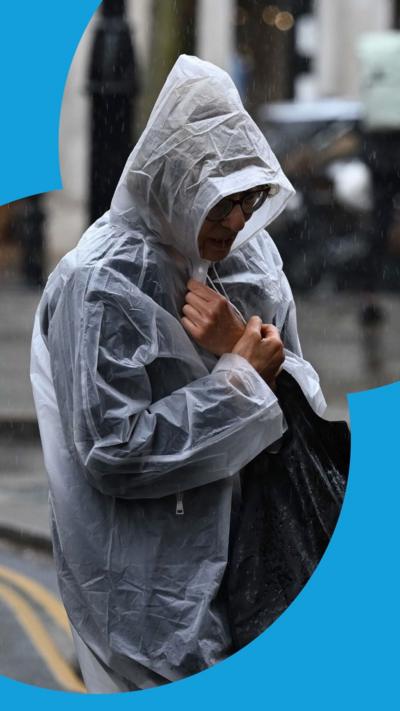 Person in a mac walks along street in the rain.