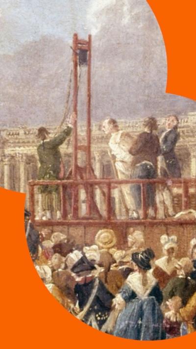 A painting of a man being led to the guillotine during the French Revolution.