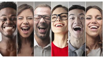 Six images of people laughing