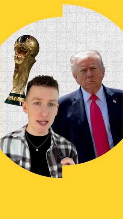 A reporter pasted onto an image with Donald Trump on the right and the World Cup trophy on the left.