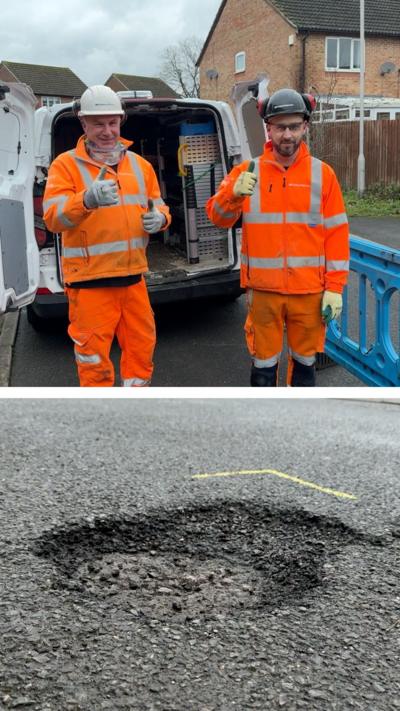 A composite image of two pot hole engineers and a pot hole
