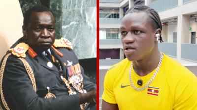 A composite image showing Idi Amini in military dress with medals on his chest and Ugandan boxer Aziz Abdul in a yellow training top with the Ugandan flag on his left breast and a big chain around his neck
