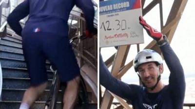 Aurélien Fontenoy cycling up a set of stairs next to him smiling and holding up his world record time on a board