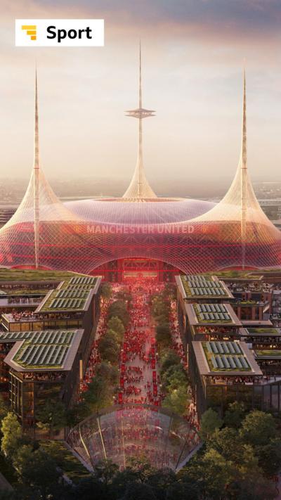 An animated architect's impression of the new stadium, with three masts holding up an umbrella over the stadium