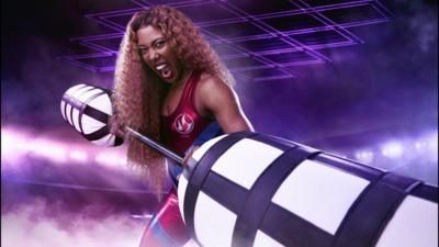 Gladiator Montell Douglas poses in her outfit