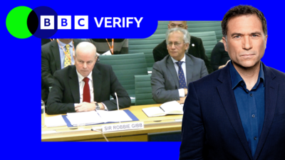 Ros Atkins is superimposed over an image of BBC Board members appearing before parliament. The outline is covered by the BBC Verify colours and branding. 