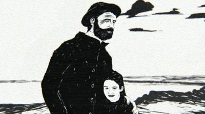 Black and white illustraion of man with arm around a young child