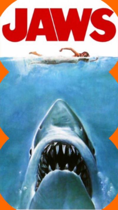 The Jaws movie poster of a swimmer with a huge shark under the water.