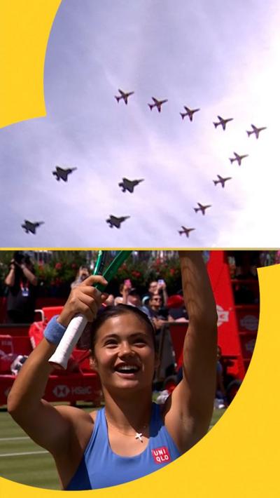 Emma Raducanu smiling and looking up at red arrows planes