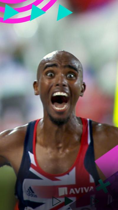 Mo Farah looks at the camera while celebrating his gold