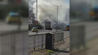 A lorry on fire in Norwich city centre