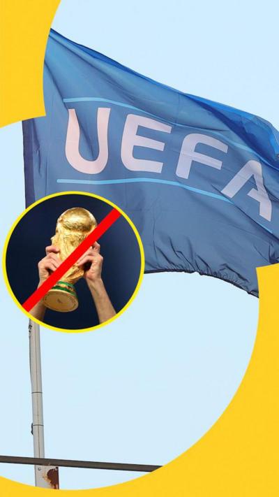 Uefa flag and World Cup trophy