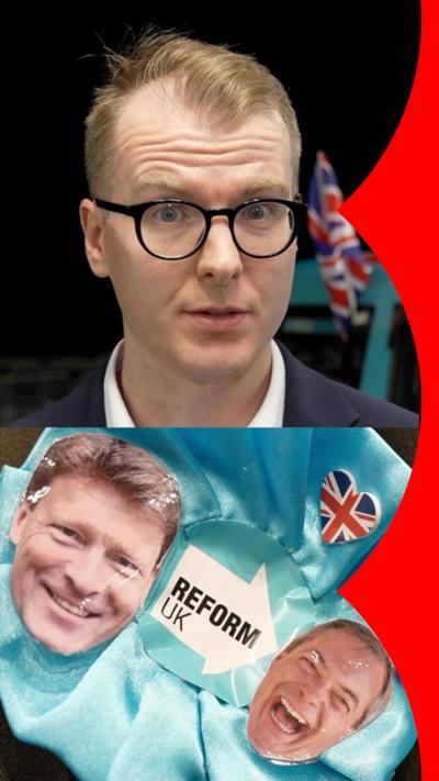 Composite image of the BBC's Joshua Nevett (top) and Reform UK figures (bottom)