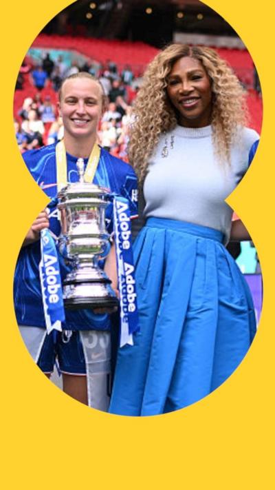 Serena Williams (right) in blue skirt and white top, with a woman, Aggie Beever-Jones, holding the FC cup after Chelsea's win.