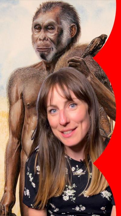 Composite image showing an illustration of the 'Hobbit' man in the background and a BBC reporter in front of it.