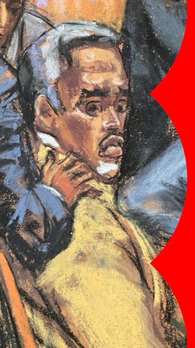 Court sketch showing Diddy in a pale suit with a mans hand on his right shoulder
