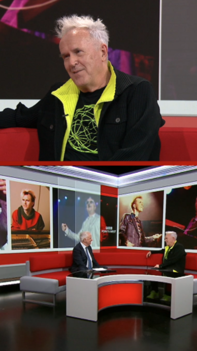 A split screen showing Howard Jones sitting on a red sofa at the top, and a wide shot of the Points West studio, with the red sofa and desk.