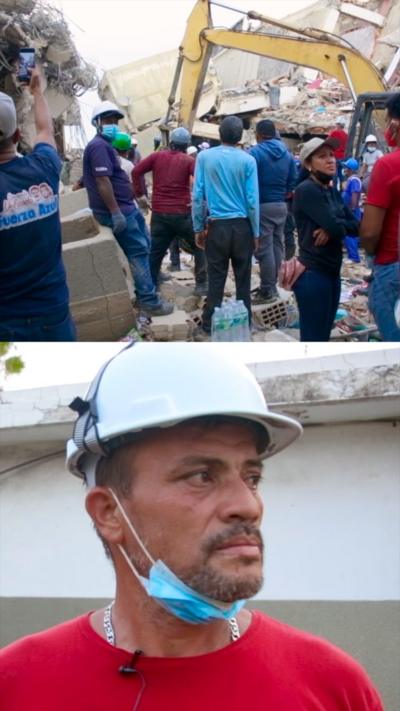 Split screen showing a crowd of people standing on rubble and a man wearing a hard hat.