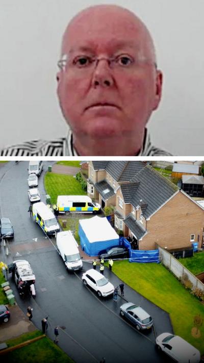 A composite image of Peter Murrell in a police mugshot wearing glasses and a white and blue shirt, along with an aerial shot of a police tent outside a suburban house.