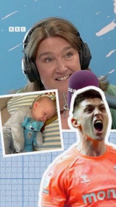 A composite photo of a female radio presenter, a newborn baby and a footballer in an orange football shirt