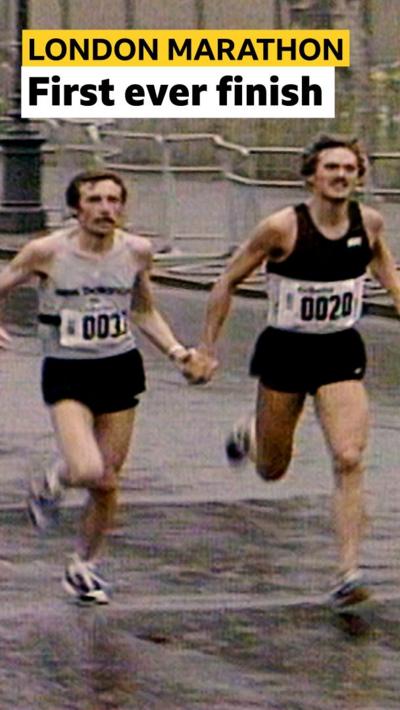 American Dick Beardsley and Norwegian Inge Simonsen cross the finish line together at 1981 London Marathon
