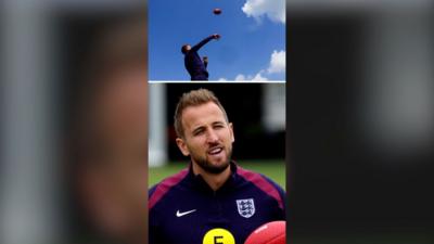 Splitscreen image of Harry Kane from 2004, he wears a Three Lions training kit and holds/throws a grid iron ball.