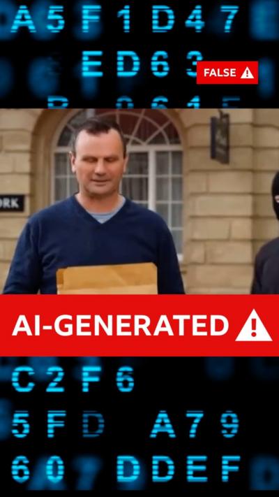 A man with an AI Generated banner beneath