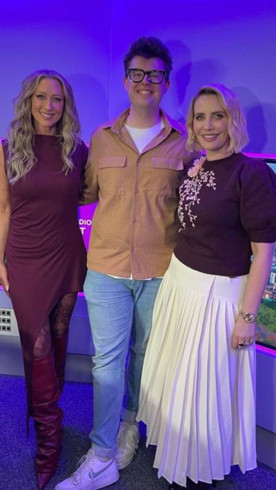 Faye Tozer and Claire Richards stand in the studio with Josh Bowness