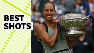 Madison Keys holds up Eastbourne trophy 