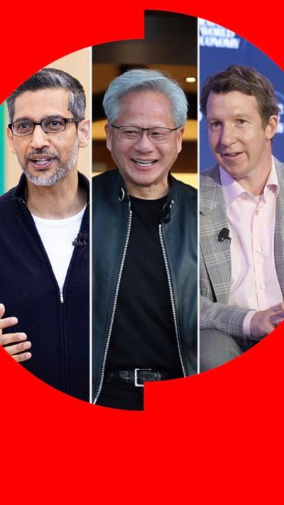 Split screen (L-R): Sundar Pichai, Jensen Huang, Jack Clark