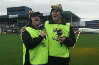 BBC Radio Cumbria presenters Mike and Steph, after completing the three-legged challenge