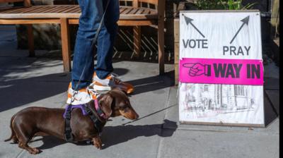 Cù, taobh a-muigh ionad bhòtaidh a tha stèidhichte ann an eaglais
