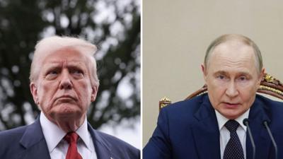 Split screen with Donald Trump (L) and Vladimir Putin (R)