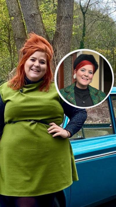 A woman in a green dress with ginger hair and an inset photo of her after losing weight