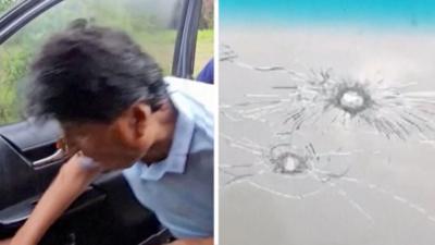 A split-screen image with the left side showing Evo Morales ducking in a car and the right side showing a close up of two bullet holes in cracked glass